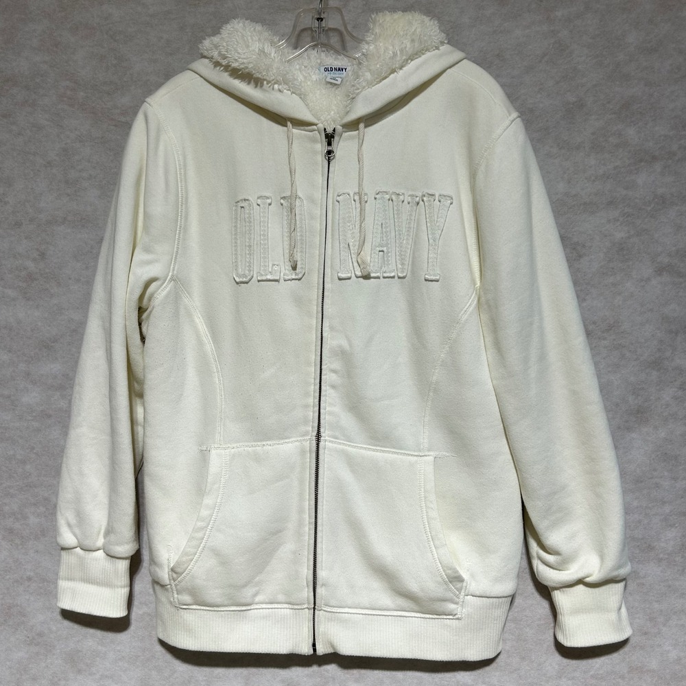 Old Navy Womens XL Cream Faux Sherpa Lined Full Zip Hoodie Logo Sweatshirt